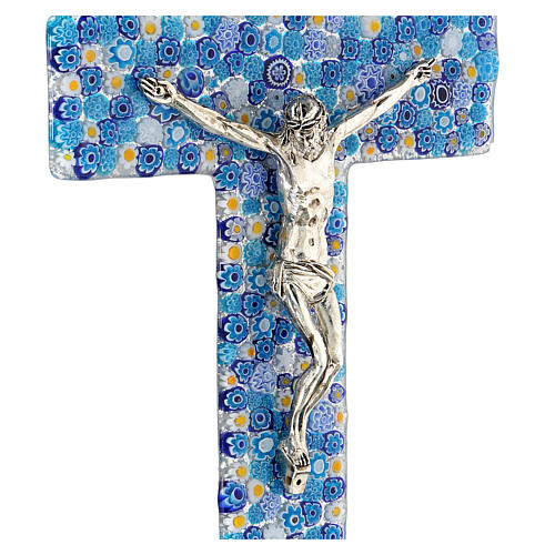 Crucifix en verre de Murano murrine bleues 15x10 cm 2