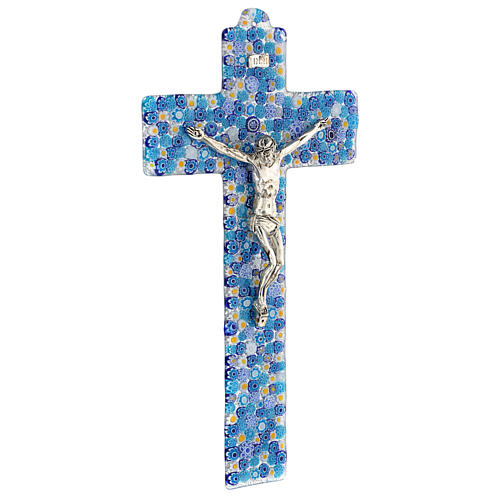Crucifix en verre de Murano murrine bleues 15x10 cm 3