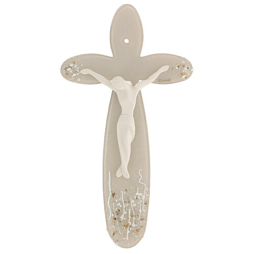 Flower-shaped stylised crucifix, taupe Murano glass, 6x3 in 1