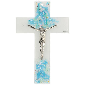 Kruzifix, Muranoglas, "Aquarium", Weiß/Blau, 16x10 cm