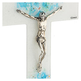 Kruzifix, Muranoglas, "Aquarium", Weiß/Blau, 16x10 cm