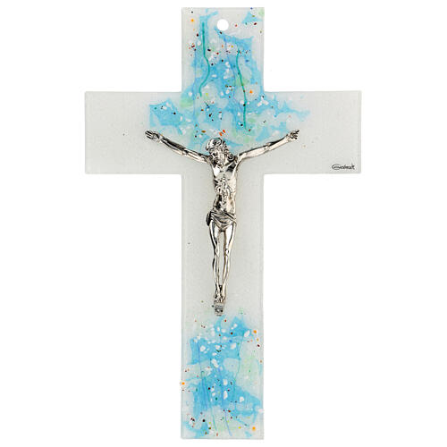 Kruzifix, Muranoglas, "Aquarium", Weiß/Blau, 16x10 cm 1