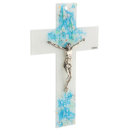 Kruzifix, Muranoglas, "Aquarium", Weiß/Blau, 16x10 cm 3