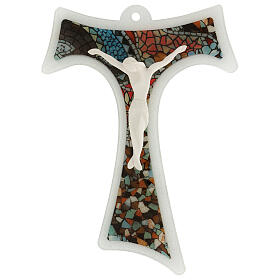 Mattiolo tau crucifix with mosaic pattern, Murano glass, 6x4.5 in