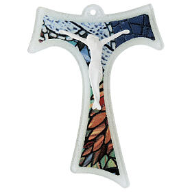 Mattiolo tau crucifix with mosaic pattern, Murano glass, 6x4.5 in