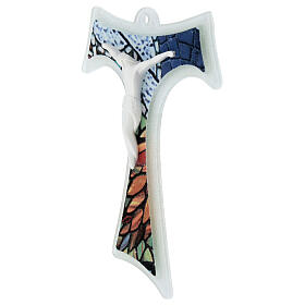 Mattiolo tau crucifix with mosaic pattern, Murano glass, 6x4.5 in