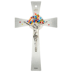 Bell-mouthed silver crucifix with colourful murrine, Murano glass, 10x5.5 in