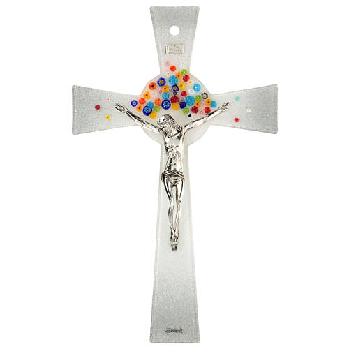 Bell-mouthed silver crucifix with colourful murrine, Murano glass, 10x5.5 in 1