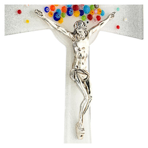 Bell-mouthed silver crucifix with colourful murrine, Murano glass, 10x5.5 in 2