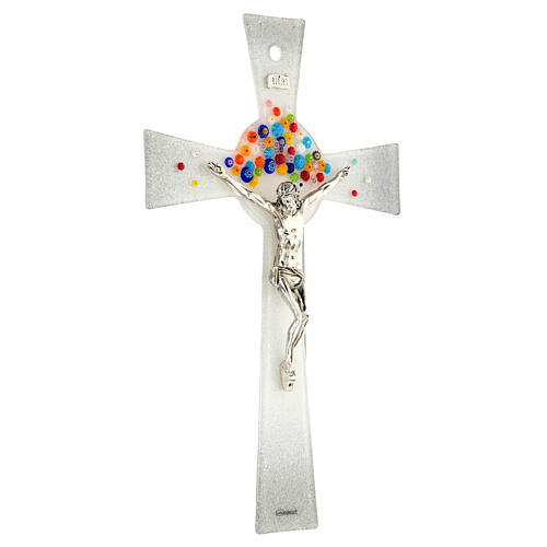 Bell-mouthed silver crucifix with colourful murrine, Murano glass, 10x5.5 in 3