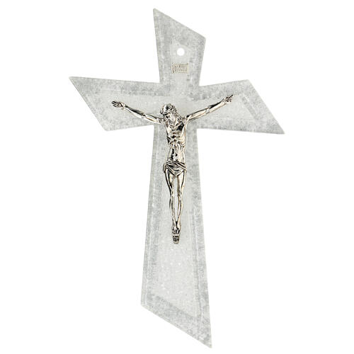 Modern crucifix with diagonal edges, silver Murano glass, 10x6 in 1
