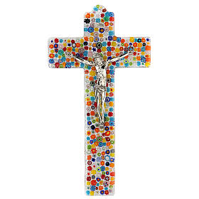 Murano glass crucifix with colourful murrine, mirror finish, 10x5.5 in