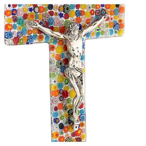 Murano glass crucifix with colourful murrine, mirror finish, 10x5.5 in 2