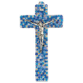 Murano glass crucifix with blue murrine, mirror finish, 10x5.5 in
