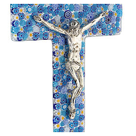 Murano glass crucifix with blue murrine, mirror finish, 10x5.5 in