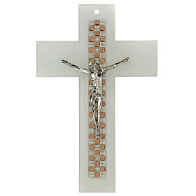 Crucifix blanc échiquier cuivre pierres et strass 25x15 cm