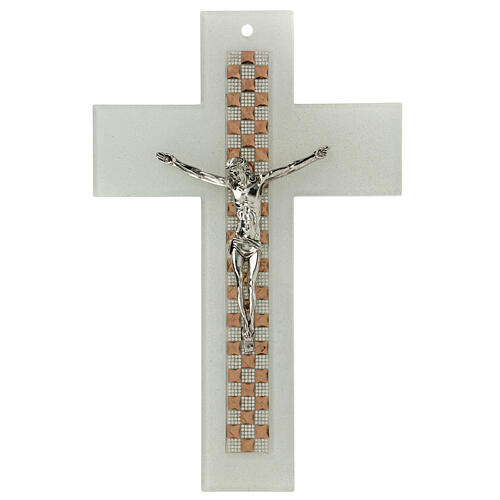 Crucifixo vidro de Murano branco Jogo de Damas cor cobre e prata 25x15 cm 1