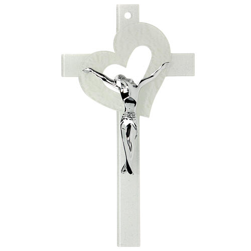 Crucifix verre de Murano coeur ajouré blanc 35x20 cm 1