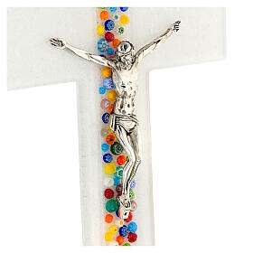 White crucifix with colourful murrine, Murano glass, 6x4 in