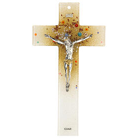 Kruzifix, Muranoglas, Weiß/Goldtöne, Millefiori, 16x10 cm