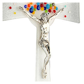 Bell-mouthed silver crucifix with colourful murrine, Murano glass, 6x4 in