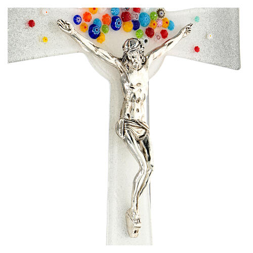 Bell-mouthed silver crucifix with colourful murrine, Murano glass, 6x4 in 2