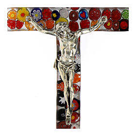 Murano glass crucifix with colourful murrine, mirror finish, 6x3.5 in