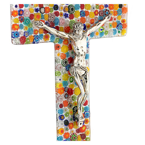 Murano glass crucifix with colourful murrine, mirror finish, 6x3.5 in 2