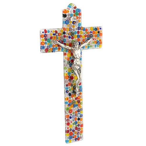 Murano glass crucifix with colourful murrine, mirror finish, 6x3.5 in 3