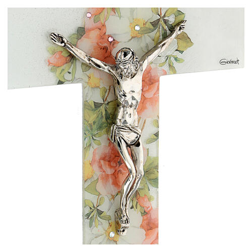 White crucifix with flowers and rhinestones, Murano glass, 6x3.5 in 2