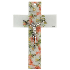 Crucifixo vidro Murano decoração floral e strass 15x10 cm