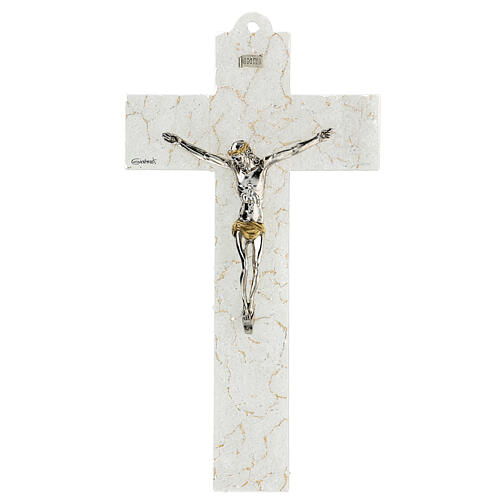 White and gold Murano glass crucifix, marble finish, 6x4 in 1