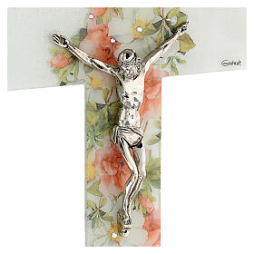 White crucifix with flowers and rhinestones, Murano glass, 10x6 in