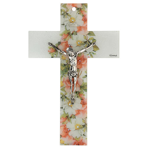 White crucifix with flowers and rhinestones, Murano glass, 10x6 in 1