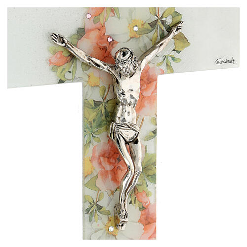 White crucifix with flowers and rhinestones, Murano glass, 10x6 in 2