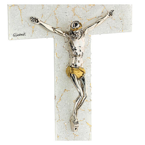 White and gold Murano glass crucifix, marble finish, 10x5.5 in 2