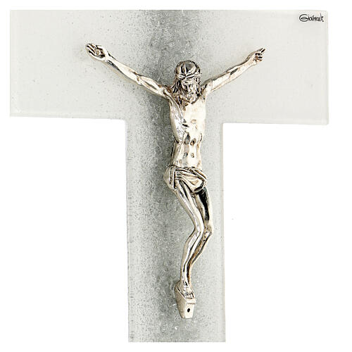 White crucifix with silver shading line, Murano glass, 13.5x9 in 2