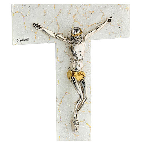 White and gold Murano glass crucifix, marble finish, 13.5x7 in 2