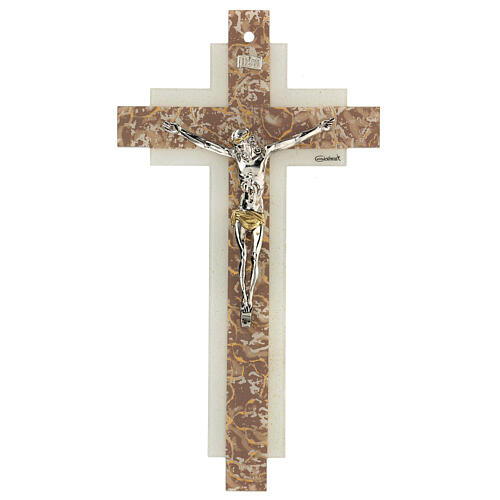 Kruzifix, Muranoglas, Weiß/Taupetöne, Marmoreffekt, 16x8 cm 1