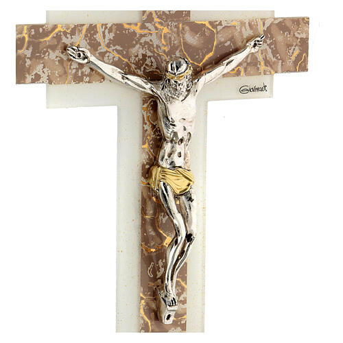 Kruzifix, Muranoglas, Weiß/Taupetöne, Marmoreffekt, 16x8 cm 2