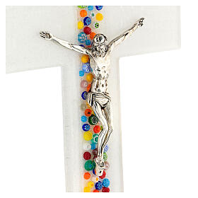 White crucifix with colourful murrine, Murano glass, 13.5x9 in