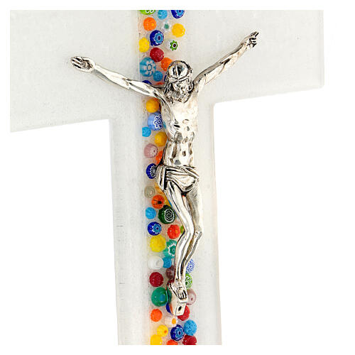 Crucifix verre de Murano blanc murrine colorés 35x20 cm 2