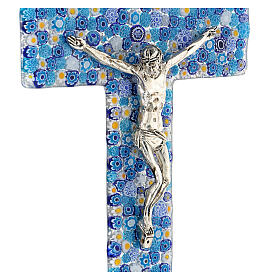 Crucifix en verre de Murano murrine bleues effet miroir 35x20 cm
