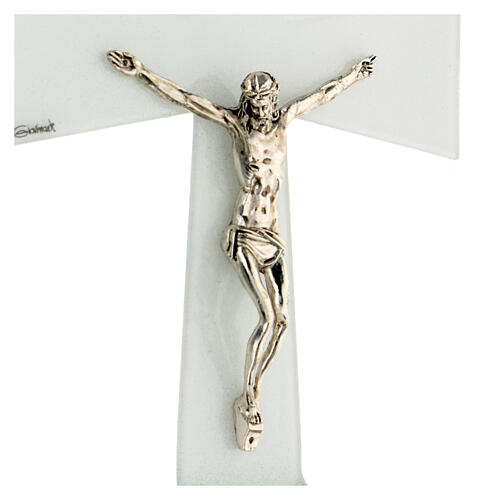 Crucifix évasé en verre de Murano blanc-argent 35x20 cm 2
