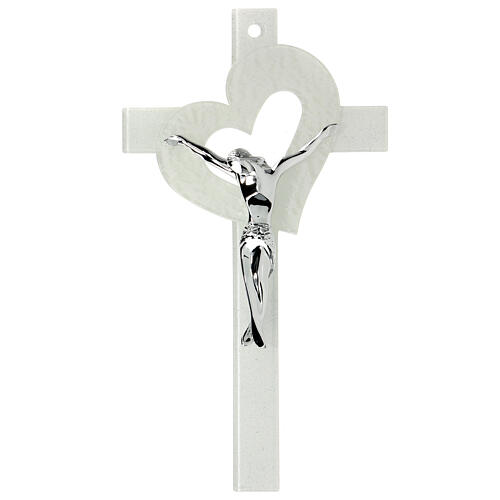Crucifix verre de Murano coeur ajouré blanc 25x15 cm 1