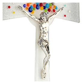 Bell-mouthed silver crucifix with colourful murrine, Murano glass, 13.5x8 in