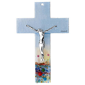 Murano glass crucifix, 6 in, multicoloured with flowers and Naples