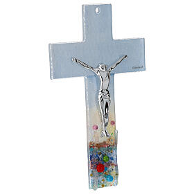 Crucifix verre Murano 16 cm multicolore fleurs blanches silhouette Naples