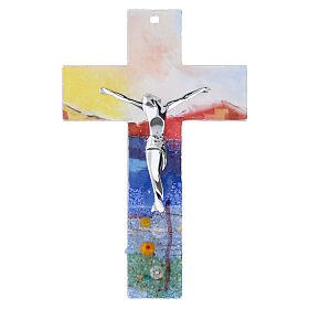 Crucifix verre Murano 16 cm multicolore fleurs blanches silhouette Naples