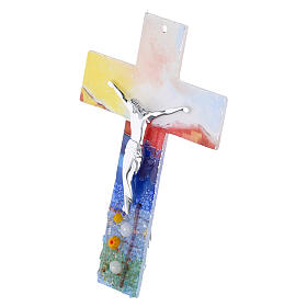 Crucifix verre Murano 16 cm multicolore fleurs blanches silhouette Naples